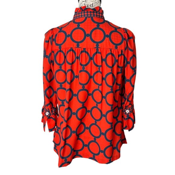 Gretchen Scott Dip & Dot Ruffleneck Tunic Red & Navy Top Womens Size Shrimp - Picture 3 of 8